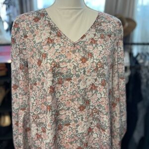 SHEIN Floral V-Neck Blouse - Pink and Brown